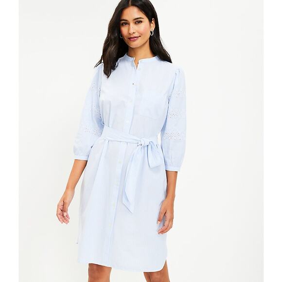 Ann Taylor LOFT Dresses & Skirts - LOFT Blue Stripe Embroidered Eyelet Cotton Mini Shirtdress Size Large